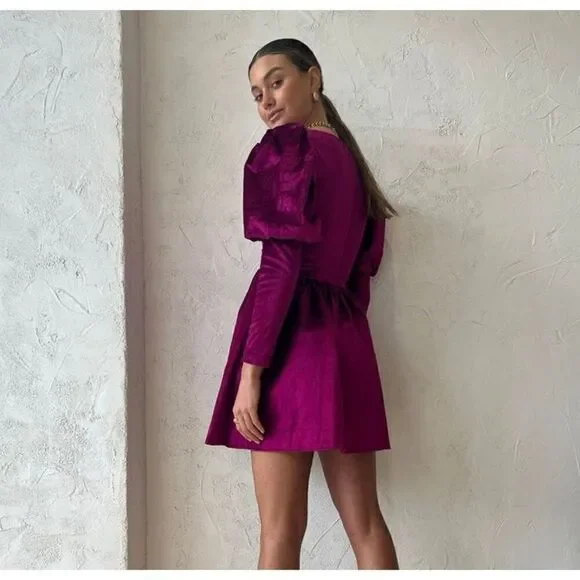 Alemais Rosario Mini Fuchsia Velvet Puff Sleeve Dress Women’s US Size 2 - Picture 3 of 15